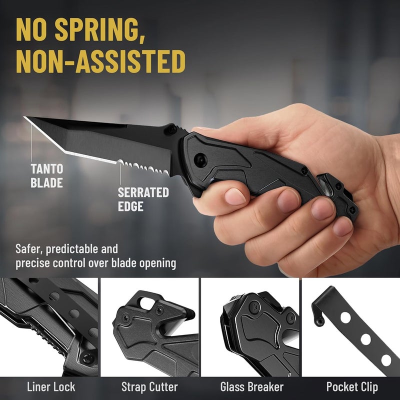 GOOD WORKER Legal Pocket Knife with Ball Bearing - 5 in 1 Knife - 2.8” Serrated Tanto Blade - with Glass Breaker & Seatbelt Cutter & Pocket Clip - Small Tactical Folding Knives for Men Women Hunting EDC 6620 B - Image 5